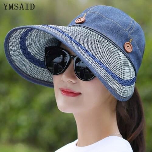 Ymsaid 2018 Hats Women Wide Large Brim Floppy Summer Beach Sun Hat Straw Hat Button Cap Summer Hats Female Anti-uv Visor Cap