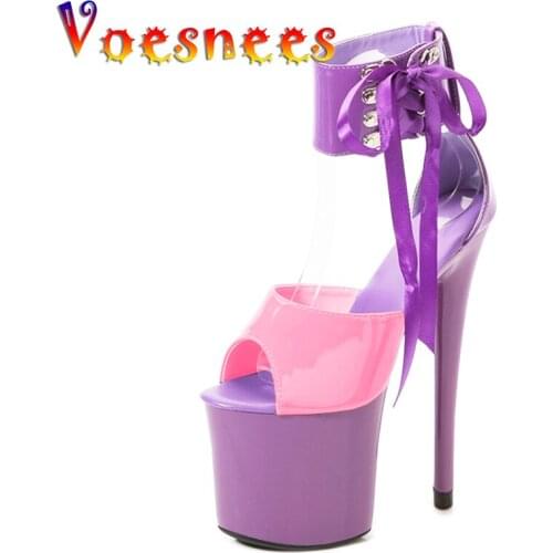 Leather Women Shoes New Mixed Colors Thin Heels Platform Nightclub Pumps Super High Thin Heels Lace-up Peep Toe Sexy Party Shoes
