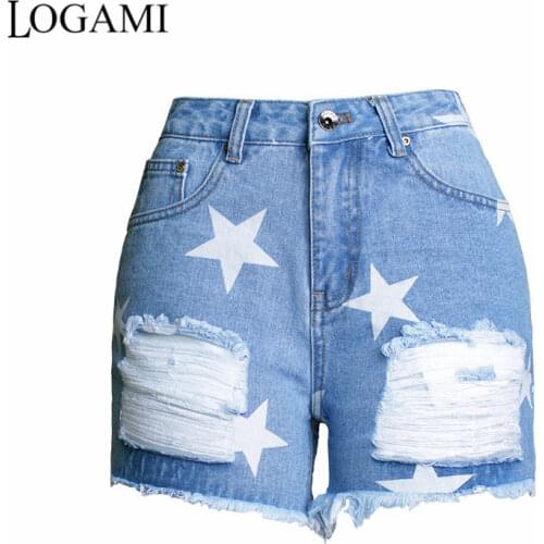 LOGAMI Star Print Ripped Shorts For Women 2018 Summer Casual Denim Shorts