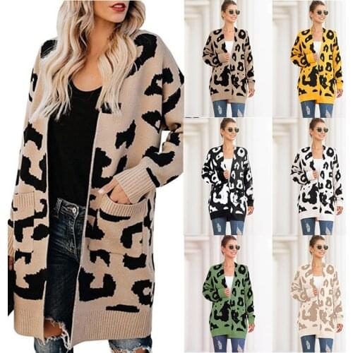 Sweaters For Women Cardigan 2021 Turtleneck Autumn New mid-length Double Pocket Leopard Print Cardigan Winter Clothes MMY219218