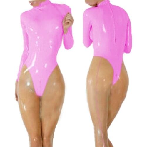 Women Long Sleeve Shiny PVC Bodysuit Sexy Catsuit Streetwear Front Zipper Open Crotch Wet Look Bodysuits Exotic Clubwear Custom