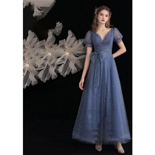 Sequins Deep V-Neck Fashion Evening Dress Short Sleeves New Bow Pleat A-Line Simple Ankle-Length Woman Formal Party Gowns A1373