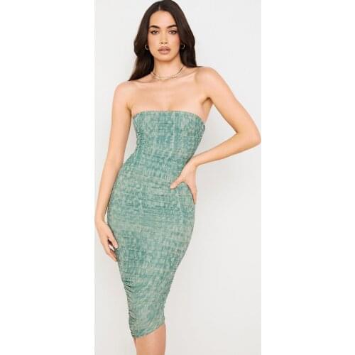 Women Tie-Dyed Off Shoulder Mesh Ruched Bandage Bodycon Summer Elegant Dress Slim Fit Floral Print Colthing