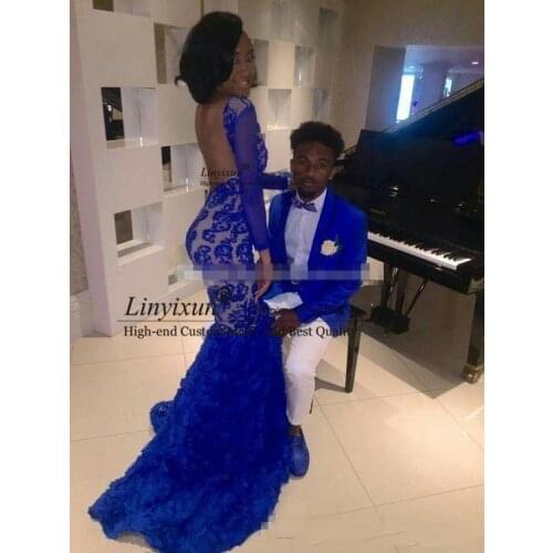 Royal Blue Lace Prom Dresses For Black Girl Mermaid Bateau Illusion Long Sleeves Vestidos de Fiesta Formal Evening Dress