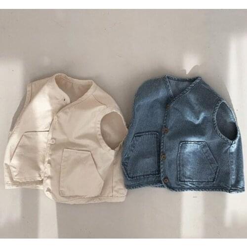 2021 Spring And Autumn New Childrens Clothing Boys and Girls Pocket round Neck Denim Waistcoat Vest