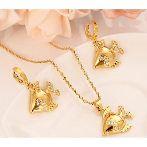 Gold cz fish crystal Pendant Necklace earrings animal jewelry for Women Papua New Guinea Traditional party Jewelry Gift