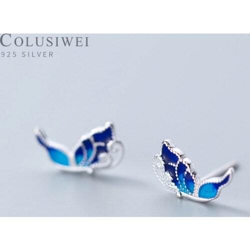 Colusiwei Blue Enamel Lovely Butterfly Stud Earring for Women 925 Sterling Sliver Anti-Allergy Ear Pin Fine Jewelry Kids Gift