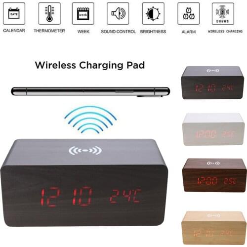 Wooden Electric Alarm Clock with Qi Wireless Charging Pad LED Digital Charger for Bedroom Digital Home Decoration