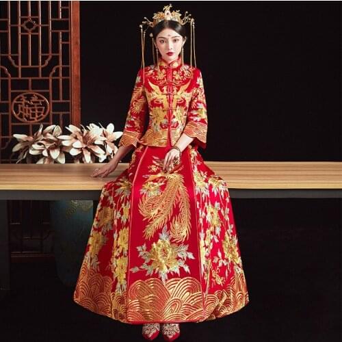 Oversize 6XL Retro Chinese Marry Cheongsam High Quality Flower Phoenix Embroidery Long Bride Wedding Dress
