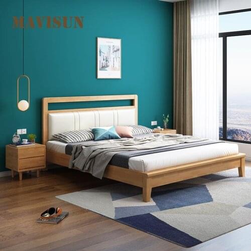 Nordic Practical Solid Wood Double Bed With Upholstered Backrest And Storage Function Modern Minimalist Household Furniture
