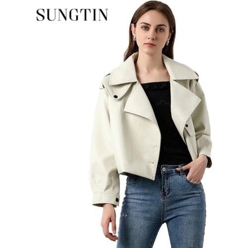 Sungtin Autumn Winter Women Faux Leather Jacket Motorcycle Biker Coat Oversized Boyfriend Punk Streetwear Black Beige Outwear