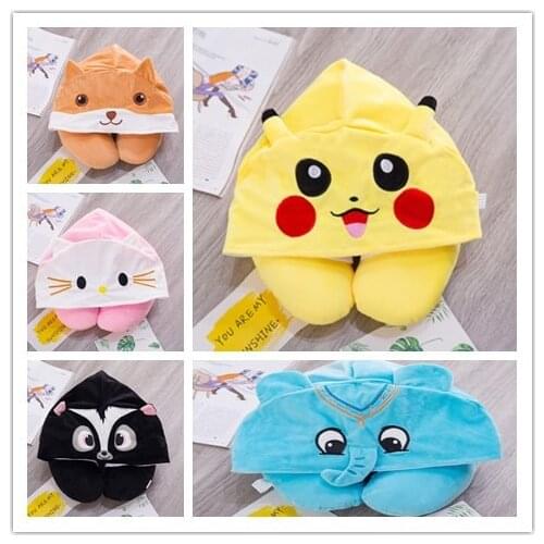 Cute Cartoon Animal Pocket Monster Cosplay Cotton Plush U Shape Neck Travel Hoodie Pillow Office Neck Hooded Cushion for Flight
