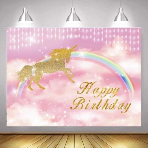 Cartoon Golden Unicorn Studio Photography Rainbow Background Girl Birthday Party 3D Childrens Photo Digital Backdrop Cloth