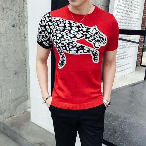 2020 Autumn Animal Print Short Men Knitting Tshirt Tee Jacquard Weave Streetwear Round Sleeve T-shirt Camisetas Hombre