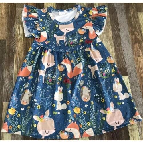 Newest Girls Summer Clothing Dark Blue Flutter Forest Deer Squirrel Animal Cartoon Print Dress