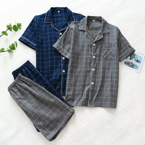 Summer New Mens Pajamas Two-Piece Plaid Cotton Gauze Short-Sleeved Shorts Simple Loose Casual Breathable Home Service Suit