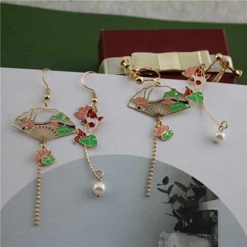 Original palace fan earrings retro national style earrings asymmetrical carp without pierced ear clips