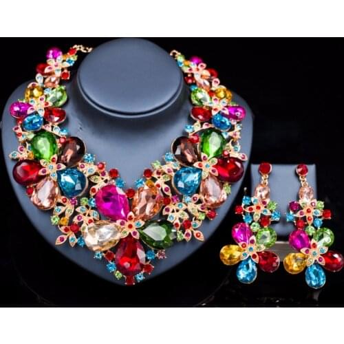 LAN PALACE luxury flower colorful wedding jewelry set Austrian crystal necklace and earrings free shipping