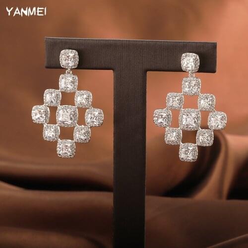 Luxury Geometric Cubic Zirconia Wedding Earrings for Women Top Elegant Fashion Banquet Jewelry Square Hollow Accessories