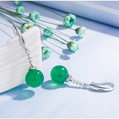 Natural Green Jade Bead Earring 925 Silver Fashion Jewelry Chalcedony Amulet Gifts for Women