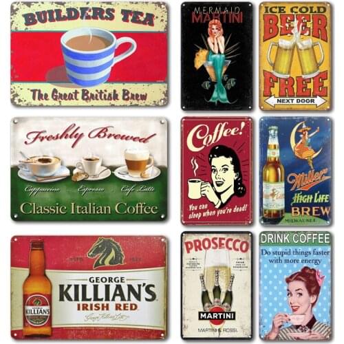Vintage Tea Coffee Tinplate Metal Poster Sign Retro Beer Tin Poster Signs Personality Bar Coffee House Decor Art Wall Stickers