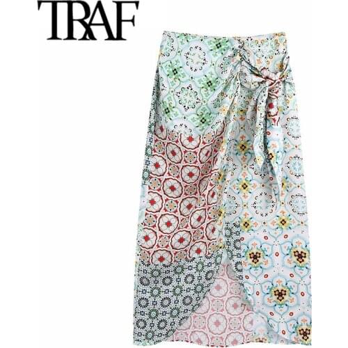 TRAFChic Fashion With Knot Totem Print Wrap Midi Skirt Vintage High Waist Slit Hem Female Skirts Mujer