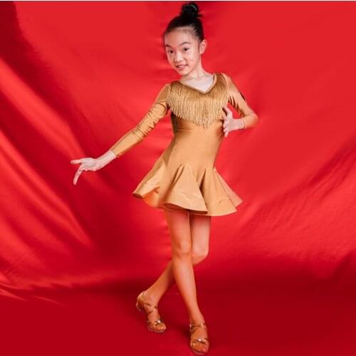 Latin dance competition ballroom tango skirts and dresses girls children costume for kids salsa sequin dress fringe kid child