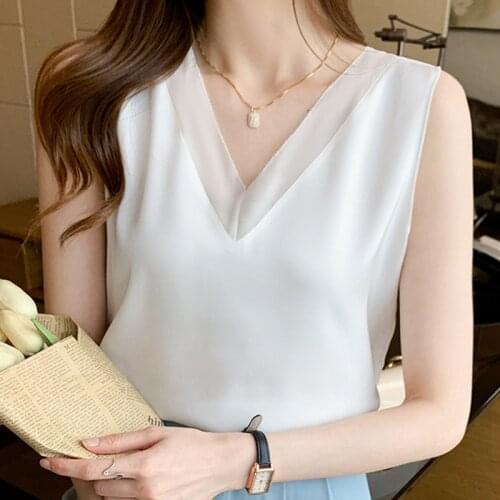 Summer Women White Blouse Tops Sleeveless V-Neck Chiffon Blouse Shirt Blouse Women Blusas Mujer De Moda 2021 Blouses Femme E954