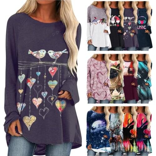 Women Long Sleeve O-Neck Loose Pullover T-shirt Casual Retro Personalized Animal Pattern Splicing Printing Spring Autumn Shirt