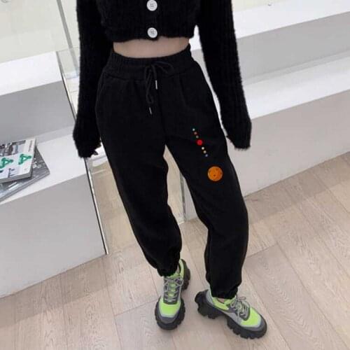 2021 Autumn Fashion Women Streetwear High Waist Baggy Sweatpants Drawstring Cute Planets Colour Print Black Casual Wild Trousers