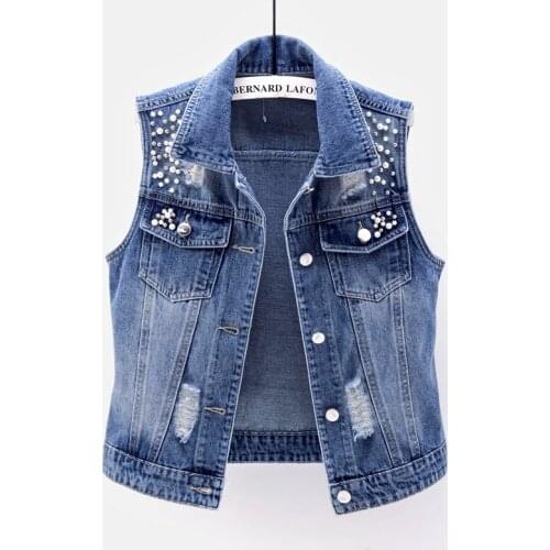 2021 New Autumn Denim Vest Women Fashion Lapel Denim Waistcoat Casual Sleeveless Short Jeans Jackets Hole Beaded Slim Jeans Coat