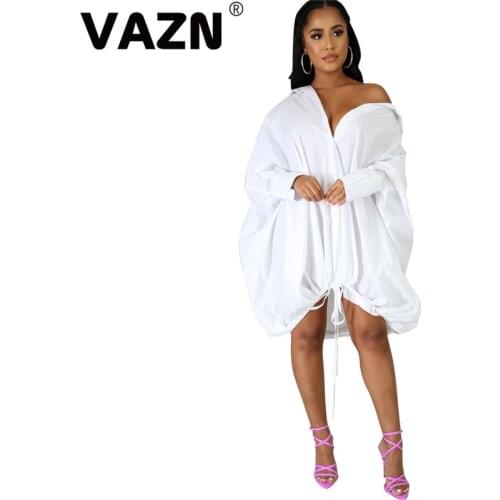 VAZN 2020 Hot Fresh Clear Bandage Top Special Loose Dress Chiffon Dress Solid Full Sleeve Nature Free Daily Women Midi Dress