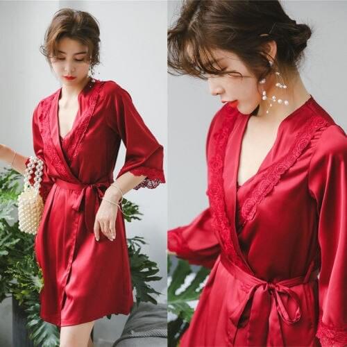 3pcs Sexy Lingerie Underwear Womens Silk Rose Lace Robe Set Short Sleeve Robe Sleeveless Sleep Dress Nightdress Sleepwear