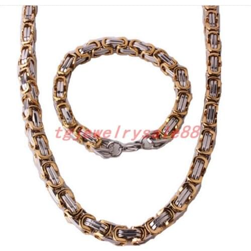 8mm Wide Mens Chain Necklace&Bracelet Sets Jewelry Silver Color Gold Color Stainless Steel Byzantine Box Chain Option Length