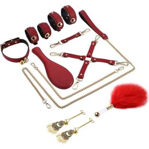 BDSM Kits Genuine Leather Bondage Set Fetish Handcuffs Collar Gag Whip Erotic Sex Toys For Women Couples Adult Games