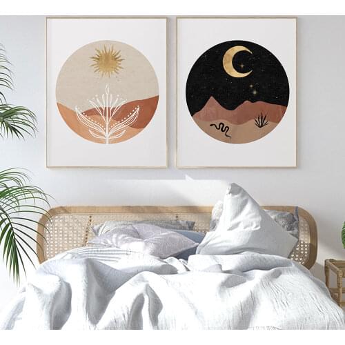 Boho Day Night Poster Abstract Arch Art Print Sun Moon Star Canvas Painting Dessert Sand Modern Wall Picture For Bedroom Decor
