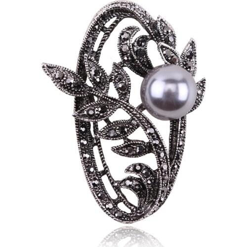 Retro Style Gun Black Rhinestones Garland Brooches & Pins Simulated Pearl Leaf Oval Brooch For Women Vintage Scarf Jewelry