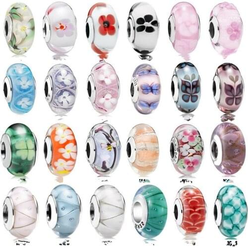 Original 100% 925 Sterling Silver Stained Glass Beads Cherry Blossom Charm Pendant fit Pandora Bracelet Jewelry Making For Woman