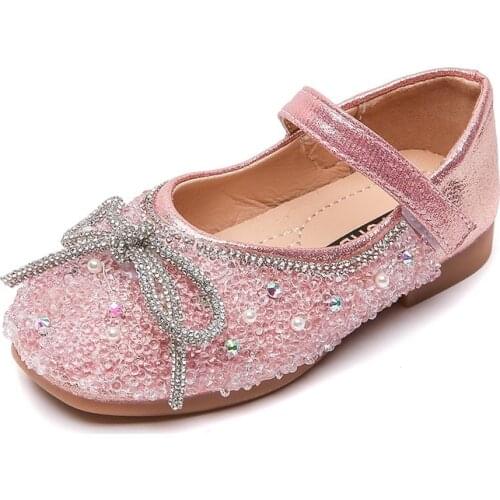 Kids Princess Leather Shoes 2021 Autumn New Girls Rhinestone Sequins Bowknot Party Shoes Student Children Casual Shoes G99