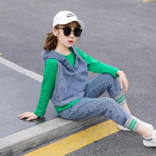 Denim Kids Clothing Set Casual Children 3 Piece Suit Solid Blue Jeans Tops +Vest +Pants Teenage Girl Set Spring Autumn Tracksuit
