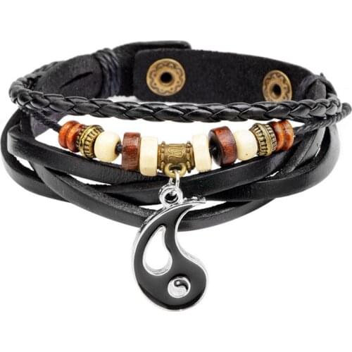 Punk Enamel Gossip Bracelets For Women Men Beads Wristband Cuff Black Leather Bracelet Ethnic Vintage Couple Jewelry Bijouterie