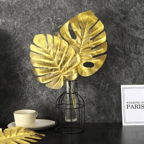 20PCS Golden Fake Leaf Artificial Tropical Palm Leaves DIY Plant Home Party Wedding Table Desk Decoration Supplies