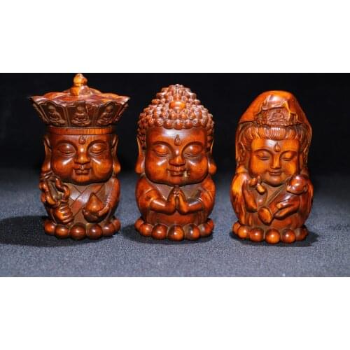 3"China Folk Collection Old Boxwood Three Holy Buddhas Jizo Guanyin Buddha set statue Office Ornaments Town House Exorcism