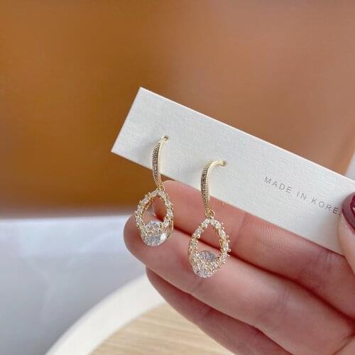 Korean hot fashion jewelry exquisite copper zircon water drop14K real gold earrings elegant women shiny wedding prom earrings