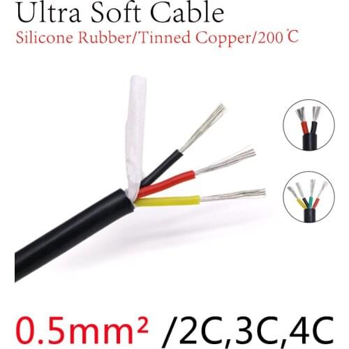 Square 0.5mm Black Ultra Soft Sheath Wire 2 3 4 Core Silicone Rubber Cable Insulated Flexible Copper High Temperature Power Line