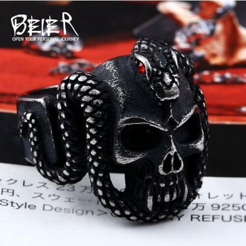 Beier 316L Stainless Steel retro style Vintage snake ring with red stone devil skull biker exquisite jewelry for men LR524
