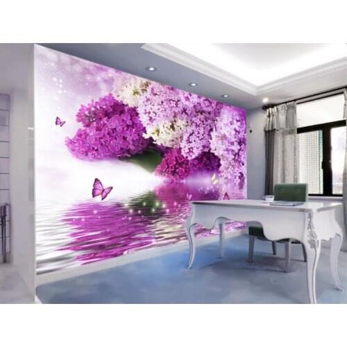 Bacal Custom 3D Wallpaper Purple Flowers Reflection Butterfly Background Wall wall papers home decor 3d papel de parede