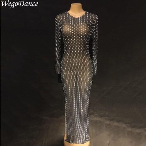 New Women Mesh Sexy Stage Bling Long Dress High Grade Net Yarn Full Sparkling Rhinestone Pearls Party Dancer Singer Stage Wear