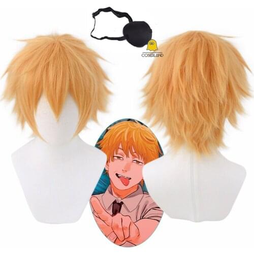 Anime Chainsaw Man Denji Cosplay Wig Golden Blonde Short Wig Pirate Eye Patch Heat-resistant Fiber Hair + Wig Cap Halloween Prop