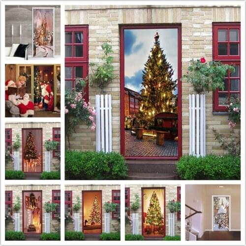Christmas Festival Stickers on the Doors DIY Self Adhesive Wallpaper for Door Living Room Kids Room Poster Decor Street Decals